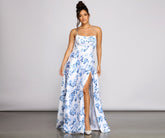 Lindsey – Formelles Kleid mit hohem Schlitz und Blumenmuster